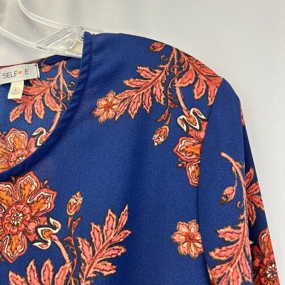 Self Love Womens Blouse Top Multicolor Floral Long Sleeve Ruffled Stretch Tie L - Picture 4 of 11